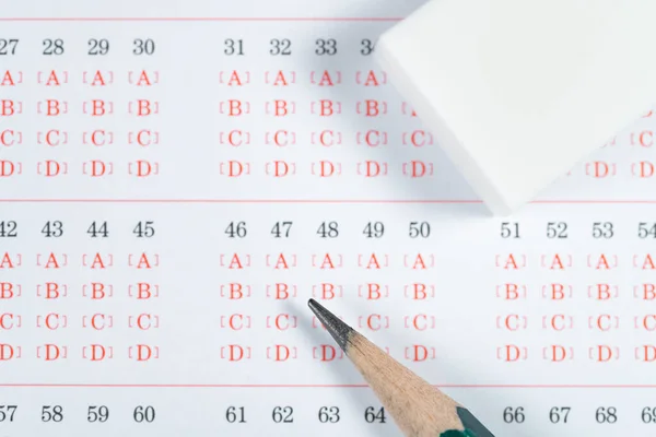 Top View Test Score Sheet Pencil Eraser Close Horizontal Composition — Stock Photo, Image
