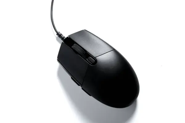 Von Oben Schwarze Maus Mit Kabel Auf Weißem Hintergrund — Stockfoto