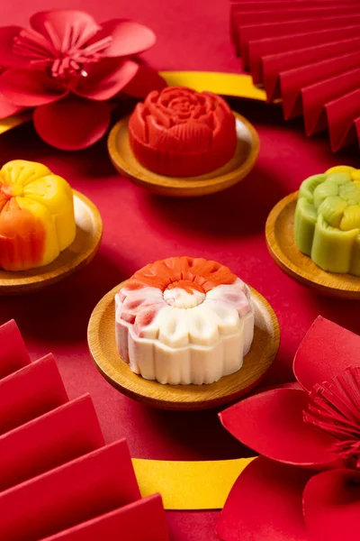 Angle View Trendy Different Flower Shapes Mooncakes Surrounded Traditional Chinese — Stock Photo, Image