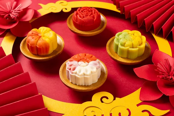 Angle View Trendy Different Flower Shapes Mooncakes Surrounded Traditional Chinese — Stock Photo, Image