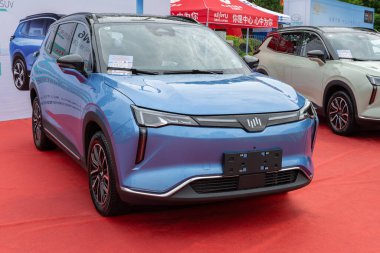 ZHONGSHAN GUANGDONG Çin - 10 Haziran 2022: mavi bir Weltmeister elektrikli araba.