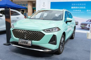 ZHONGSHAN GUANGDONG Çin - 10 Haziran 2022: açık mavi bir Wey Macchiato arabası.