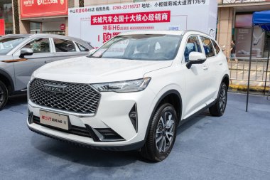 ZHONGSHAN GUANGDONG Çin - 10 Haziran 2022: beyaz bir Haval H6 otomobil.