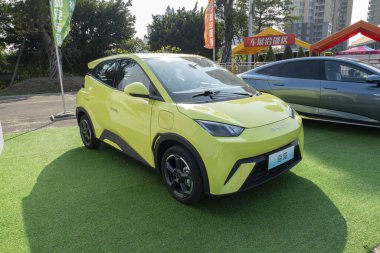 ZHONGSHAN GUANGDONG Çin - 26 Kasım 2023: yeşil bir BYD martı elektrikli otomobil.