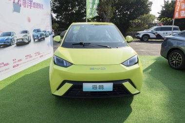 ZHONGSHAN GUANGDONG Çin - 26 Kasım 2023: yeşil bir BYD martı elektrikli otomobil.