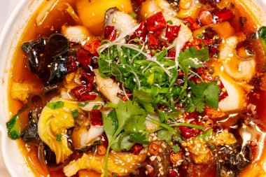 Üst görünüm Hunan tarzı kaynamış balık yatay bileşiminde