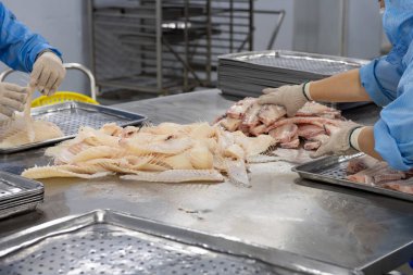 İşçiler bir fabrikada balık kemiklerini ayırıyor.