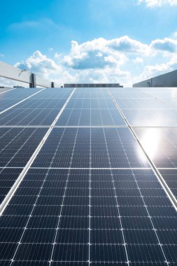 Güneşli bir günde dikey bileşik güneş panelleri