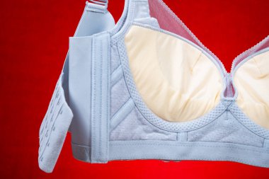 Açık mavi sütyen kırmızı arkaplanda asılı