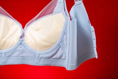 Açık mavi sütyen kırmızı arkaplanda asılı