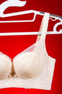 Dikey bileşimde kırmızı arkaplanda asılı bej sütyen