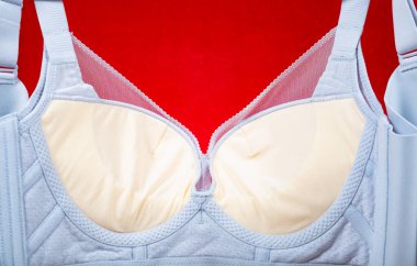 Açık mavi sütyen kırmızı arkaplanda asılı