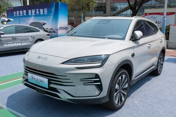 ZHONGSHAN GUANGDONG Çin - 21 Mart 2025: Gri bir BYD Song Pro DM-i elektrikli araba.