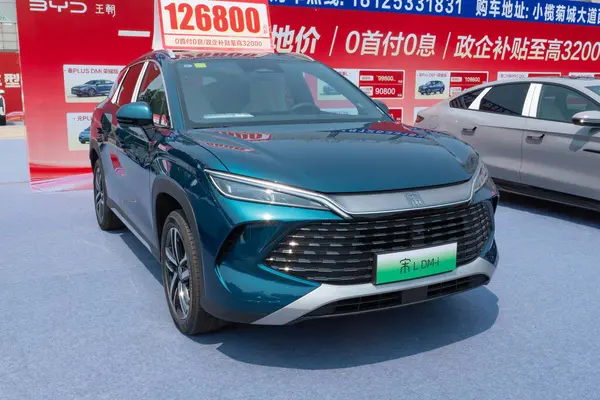 ZHONGSHAN GUANGDONG Çin - 21 Mart 2025: Gri bir BYD Song L DM-i elektrikli araba.