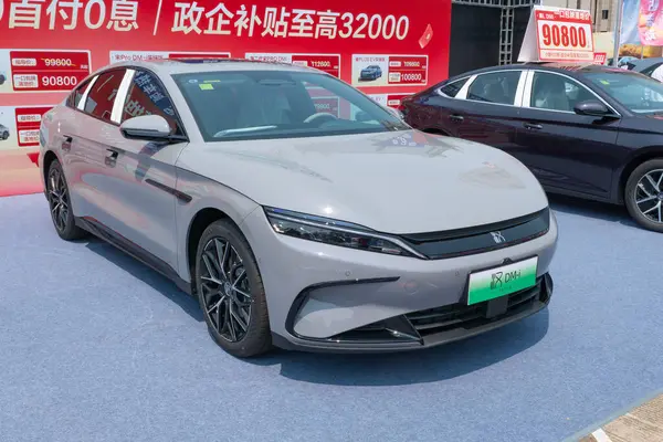ZHONGSHAN GUANGDONG Çin - 21 Mart 2025: gri bir BYD Han DM-i elektrikli araba.