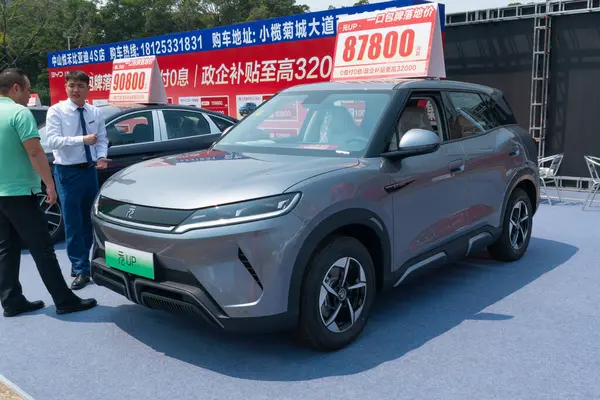 ZHONGSHAN GUANGDONG Çin - 21 Mart 2025: Gri bir BYD Yuan elektrikli araba.