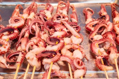 Yatay bileşimde ham mürekkep balığı şişleri