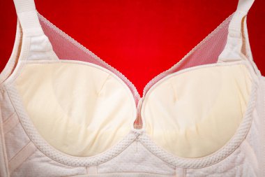 Kırmızı arka planda bej bir sütyenin içinde.