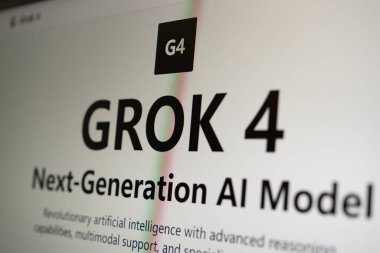 ZHONGSHAN Çin - 10 Temmuz 2025: Yatay kompozisyonda Grok 4 logosu olan bir monitör.