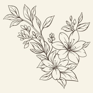 Çiçekli ve yapraklı el çizimi buket. Vector lineer monokrom zarif çiçek düzenleme vintage stil, dövme tasarımı, boyama kitabı, düğün dekorasyonu.