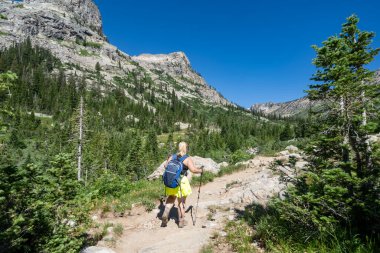Kadın yürüyüşçü Grand Teton Ulusal Parkı 'ndaki Cascade Canyon patikasına doğru gidiyor.