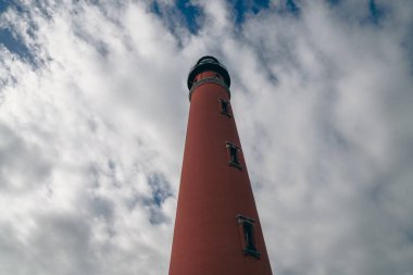 Ponce Inlet Lighthouse in Florida on a partly cloudy day. View of the top