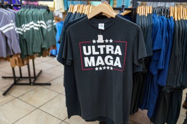 St. Augustine, Florida - December 28, 2022: T-shirt for sale in a gift shop - Ultra MAGA - for Donald Trump supporters to Make America Great Again