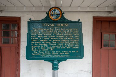 St. Augustine, Florida - December 31, 2022: Historical marker and plaque for the Tovar House tourist attraction