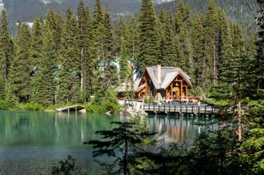 British Columbia, Kanada - 11 Temmuz 2022 Yoho Ulusal Parkı 'ndaki Emerald Lake Lodge ve kulübeleri