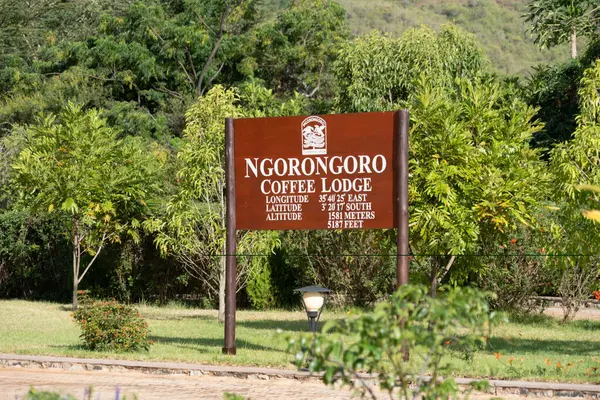 Tanzania Afryka Marca 2023 Znak Dla Ngorongoro Coffee Lodge Jednego — Zdjęcie stockowe