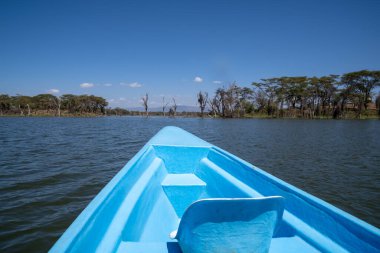 Naivasha Gölü - turist kanosu safari için Crescent Adası 'na yelken açar. Kenya, Doğu Afrika