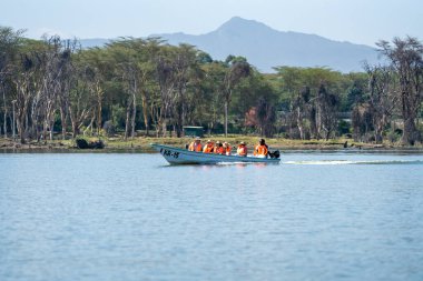 Naivasha Gölü, Kenya, Afrika - 4 Mart 2023: Hız teknesiyle Crescent Adası 'na safari yapan turistler