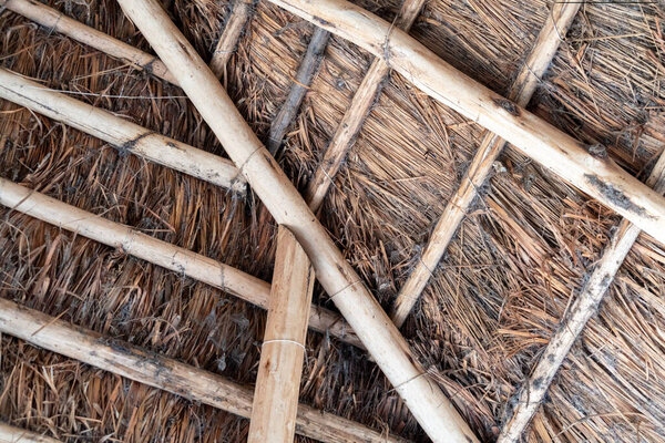 Wood beams of the inside view of a thatched roof, typical of Uganda Africa