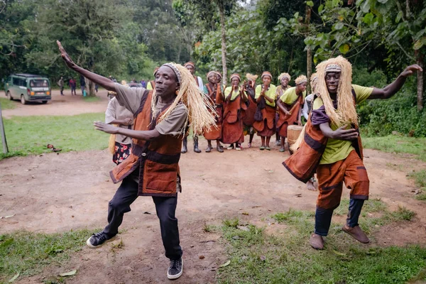 stock image Rushaga, Bwindi Impenetrable Forest National Park, Uganda - March 24, 2023: Batwa pygmies tribe people performing a traditional dance