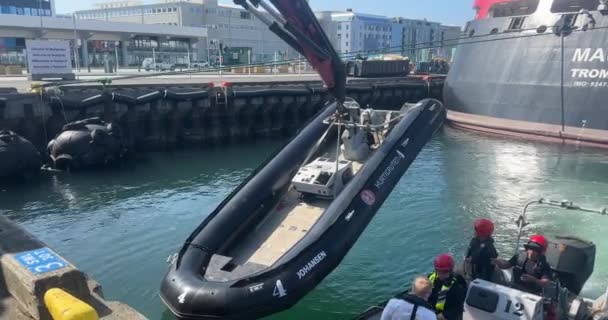 Reykjavik Iceland July 2023 Crane Hauls Rib Boat Out Bay — Stock Video