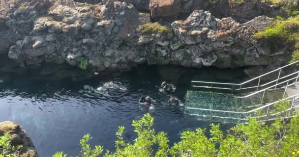 冰岛廷维尔利国家公园 2023年7月9日 游客们准备在两个板块之间的台阶上潜水 以进入冷水 — 图库视频影像