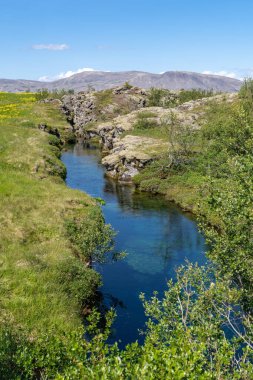 Thingvellir Ulusal Parkı, iki tektonik levhanın buluştuğu yer - İzlanda 'da Kuzey Amerika ve Avrasya, Altın Çember boyunca