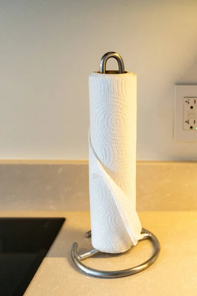 Paper towel in a paper towl holder on a kitchen counter