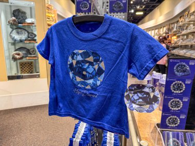 Washington, DC - 12 Kasım 2023: Ulusal Doğal Tarih Müzesi 'ndeki bir hediyelik eşya dükkanında Umut Elması temalı tişört sergisi