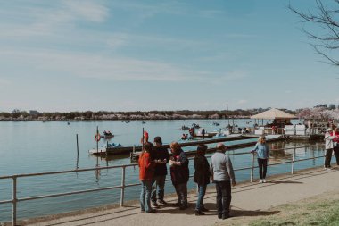 Washington, DC - 17 Mart 2024: Turistler kiraz çiçekleri mevsiminde kayıkların yanındaki gelgit havasında güzel bahar havasının tadını çıkarıyorlar