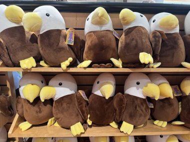 Gettsyburg, Pennsylvania - 13 Nisan 2024: Kartal doldurulmuş hayvanlar ve lüks bebekler Gettysburg Ulusal Askeri Park hediye dükkanında satılıyor