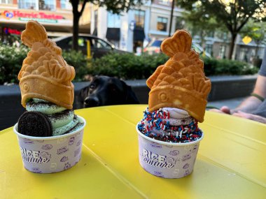 Viyana, Virginia - 15 Haziran 2024: Bir tatlı restoranı olan Rice Culture 'dan hafif servis dondurmalı balık waffle' ı