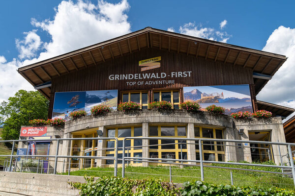Grindelwald, Switzerland - July 20, 2024: Cable car station for Grindelwald First Top of Adventure
