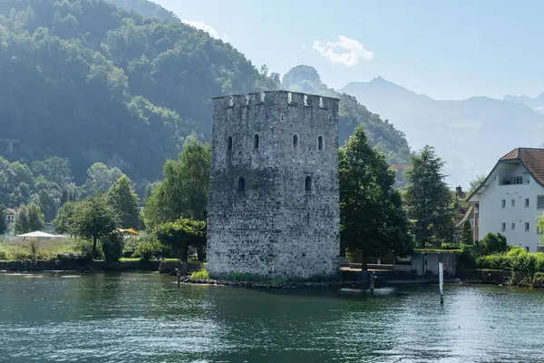 stock image Schnitzturm Stansstad castle tower ruins on Lake Lucerne Switzerland