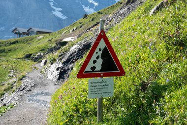 Sign - Danger of Rockslide - pass through trail quickly - Mannlichen to Kleine Scheidegg hiking trail scenery in Switzerland clipart