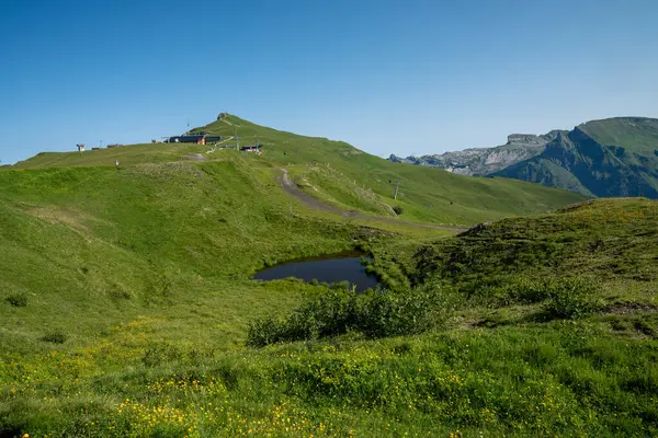 stock image Mannlichen to Kleine Scheidegg hiking trail scenery in Switzerland on a clear summer day