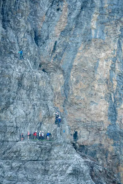 Grindelwald, İsviçre - 25 Temmuz 2024: Yürüyüşçüler Eiger Dağı 'nın kuzey yamacındaki Eiger-Rotstock Via Ferrata' ya tırmanmak için merdivenleri kullanırlar
