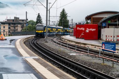 Grindelwald, İsviçre - 22 Temmuz 2024: İsviçre Alpleri 'nde yağmurlu bir günde Grindelwald tren istasyonuna tren varır.