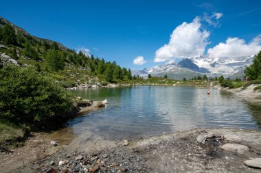 Zermatt, Switzerland - July 27, 2024: Grunsee Lake (Green Lake) along the Five Lakes Trail, a popular swimming hole clipart