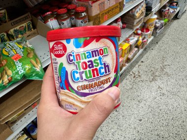 Manassas, Virginia - 29 Eylül 2024: Elinizde Betty Crocker 'ın tarçınlı tost aromalı dondurması var